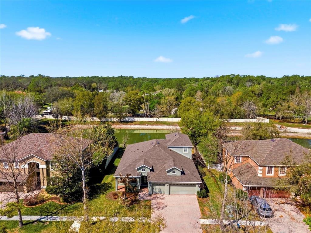 An aerial view shows a suburban house with a brown roof and a backyard pond — 6823 GREEN HERON DRIVE, WESLEY CHAPEL, FL