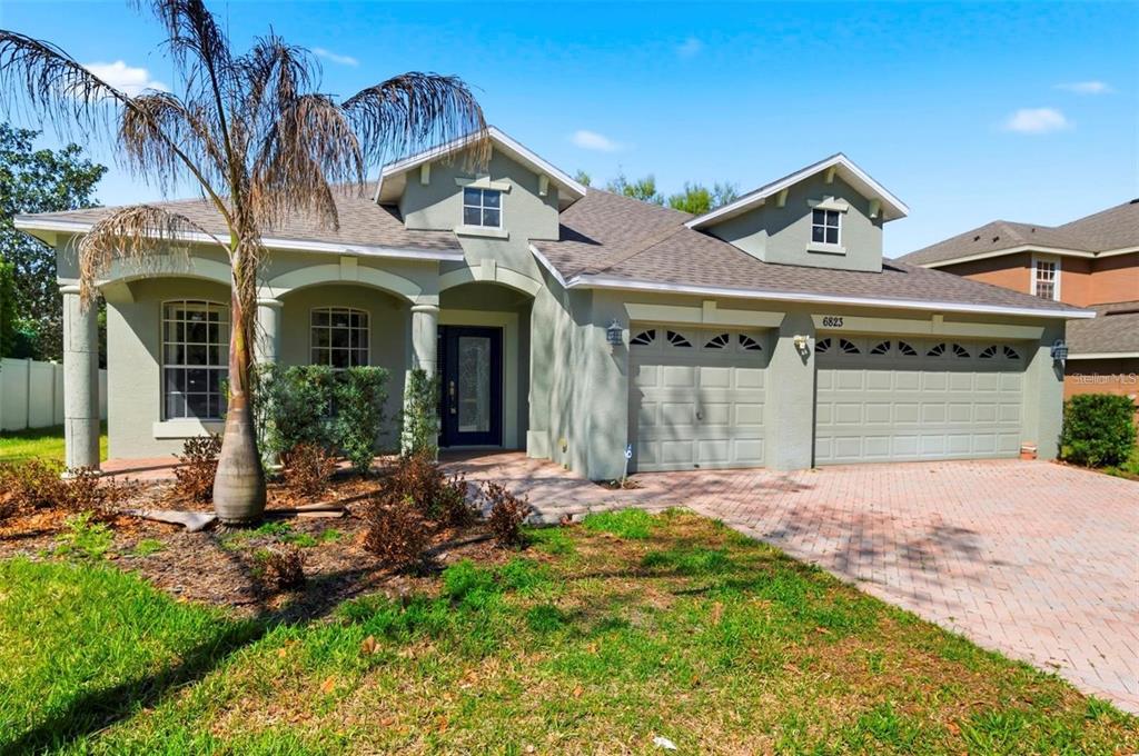 A single-story house with a light green exterior, a two-car garage, and a palm tree — 6823 GREEN HERON DRIVE, WESLEY CHAPEL, FL