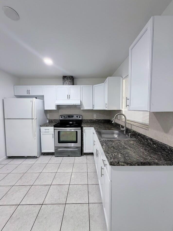 A kitchen features white cabinets, dark granite countertops, stainless steel appliances, and tiled flooring — 5899 Mango Road, West Palm Beach FL 33413, WEST PALM BEACH, FL