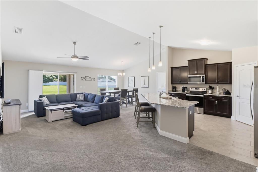 An open-concept living room and kitchen with dark cabinetry, granite countertops, and gray carpeting — 9811 SE 64TH AVENUE, BELLEVIEW, FL
