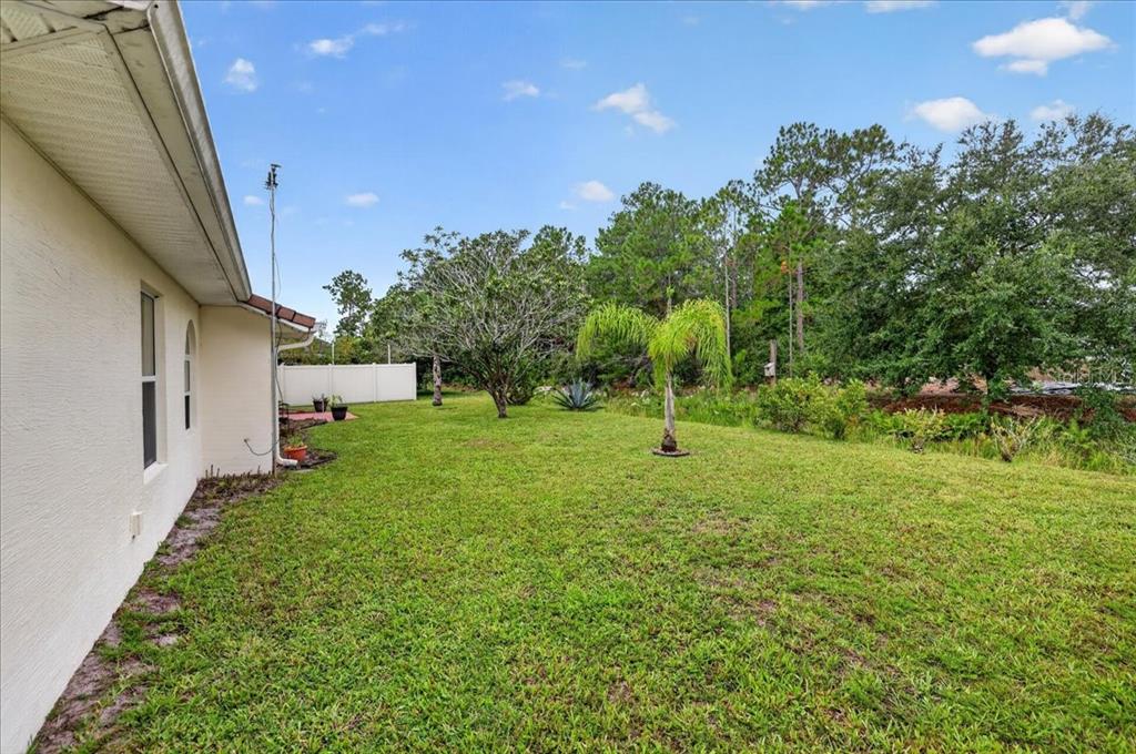 A grassy backyard with a palm tree, a white fence, and the side of a house — 28 PRINCETON LANE, PALM COAST, FL