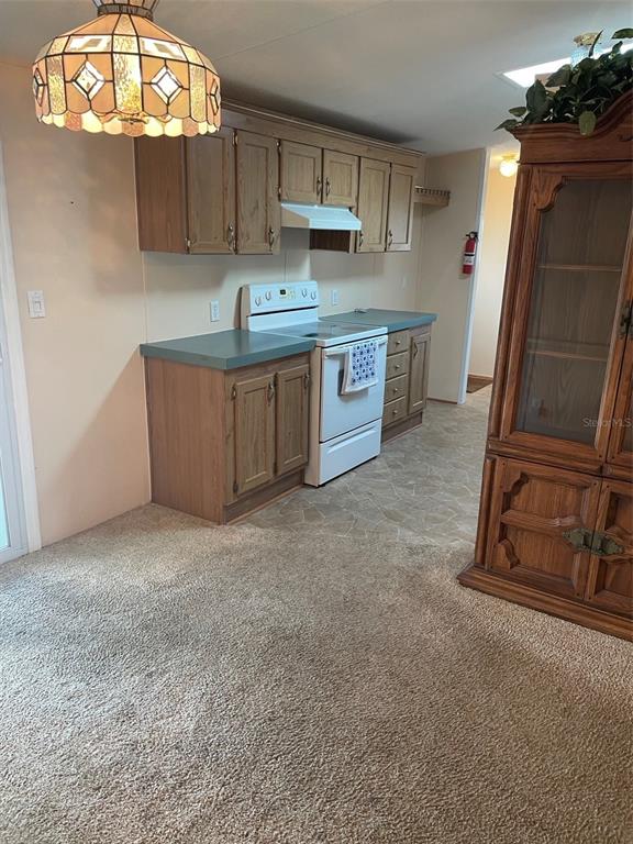 A kitchen features wood cabinets, green countertops, a white stove, and carpeted flooring — 29168 CRAWFORD AVENUE, PUNTA GORDA, FL