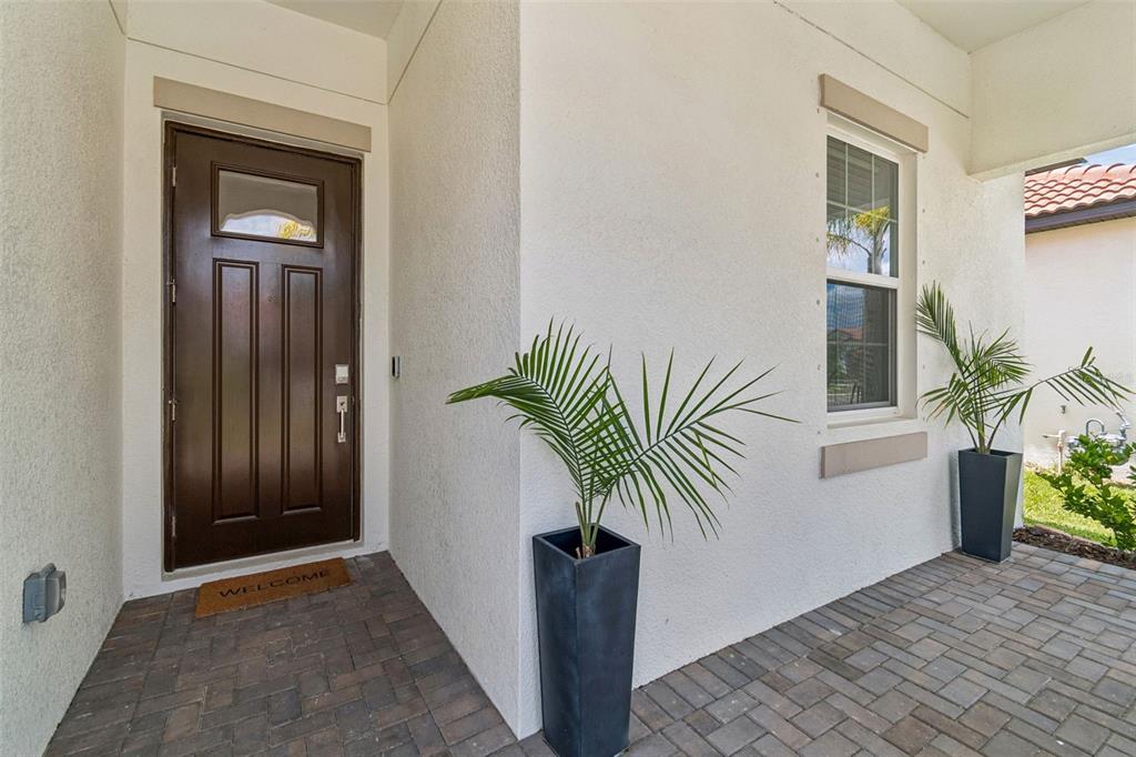 A brown front door with a window sits on a brick porch with two potted palms — 17307 BLUE WALK STREET, WIMAUMA, FL