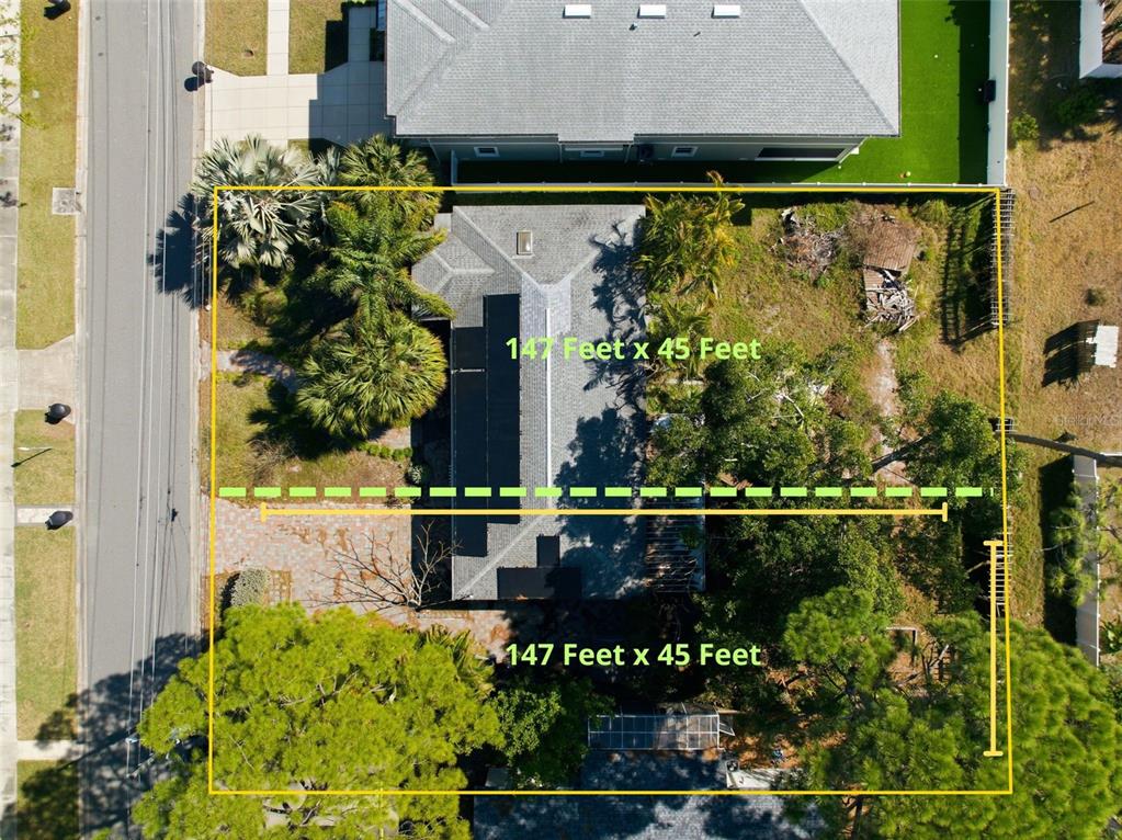 An aerial view shows a residential lot with two rectangular sections marked by yellow outlines — 208 48TH AVENUE N, ST PETERSBURG, FL