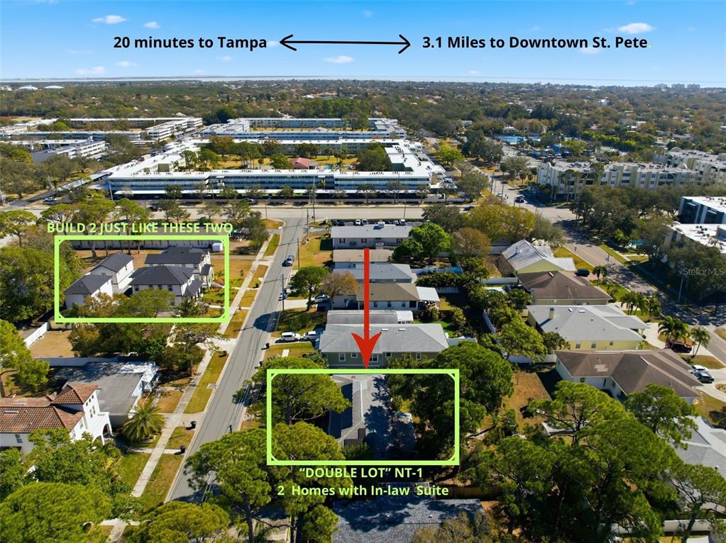 This aerial view shows a residential property with two homes on a double lot — 208 48TH AVENUE N, ST PETERSBURG, FL