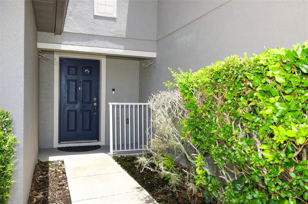 A blue front door is situated at the end of a concrete walkway — 162 CONSTITUTION WAY, WINTER SPRINGS, FL