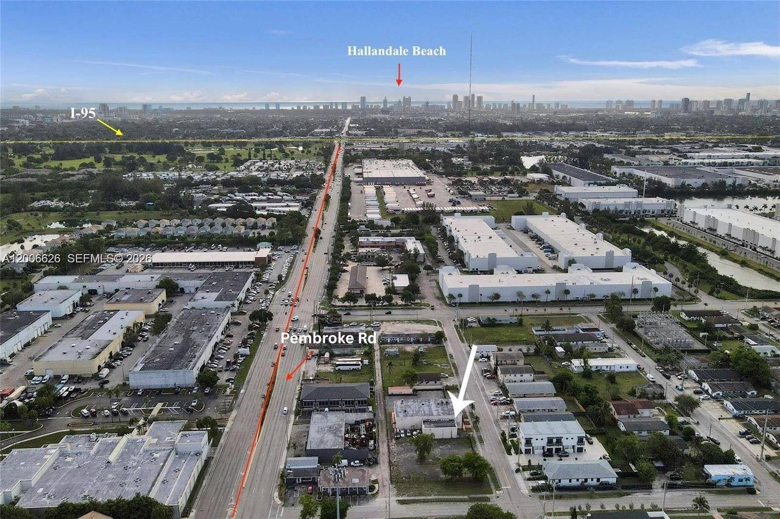 An aerial view shows a commercial building highlighted by an arrow along Pembroke Road — 4167 SW 18th St, West Park FL 33023, WEST PARK, FL