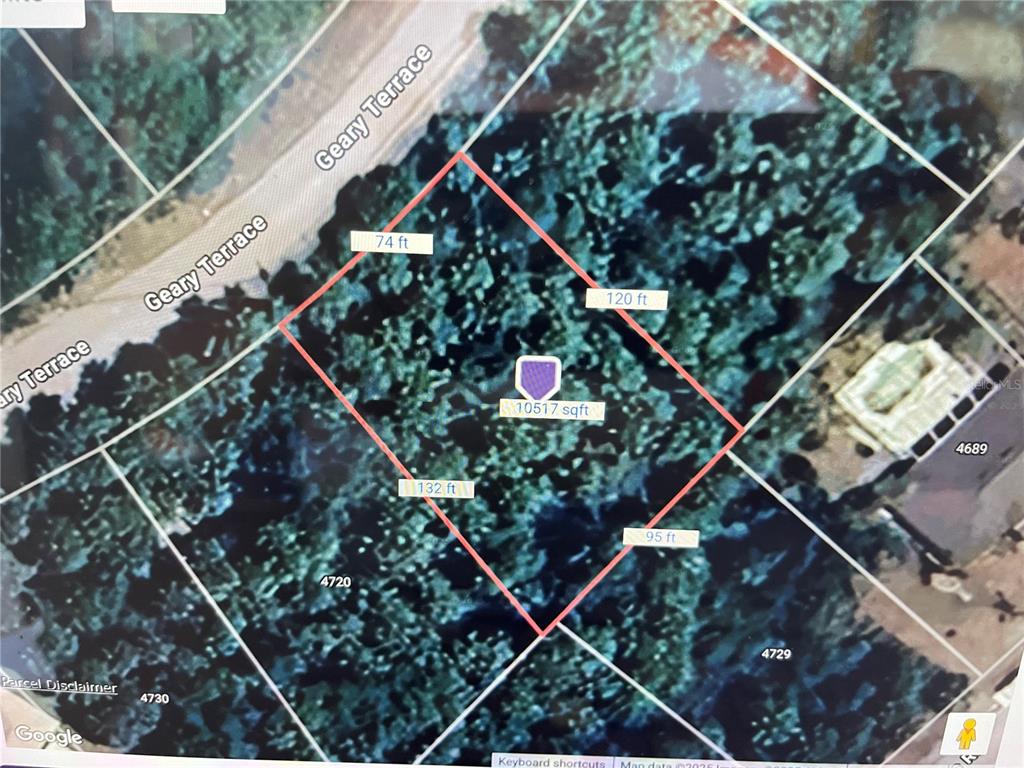 This is a satellite map showing a residential lot with property boundary lines and dimensions — GEARY TERRACE N, NORTH PORT, FL