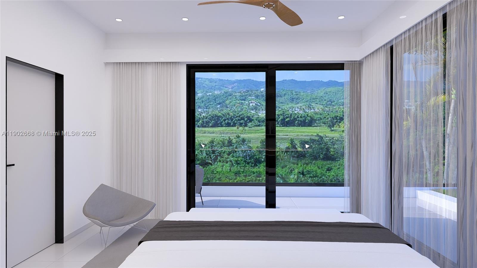 This rendering shows a modern bedroom with a bed, chair, and sliding glass doors — Bonita Village Las Terrenas, Samana, DR Dom. Rep., DR