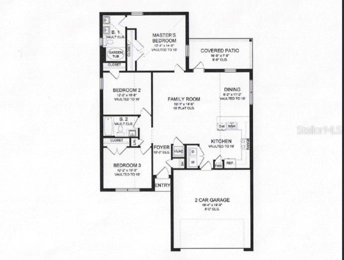 This floor plan shows a three-bedroom, two-bathroom house with a two-car garage and covered patio — 2856 APPLELEAF RD., NORTH PORT, FL