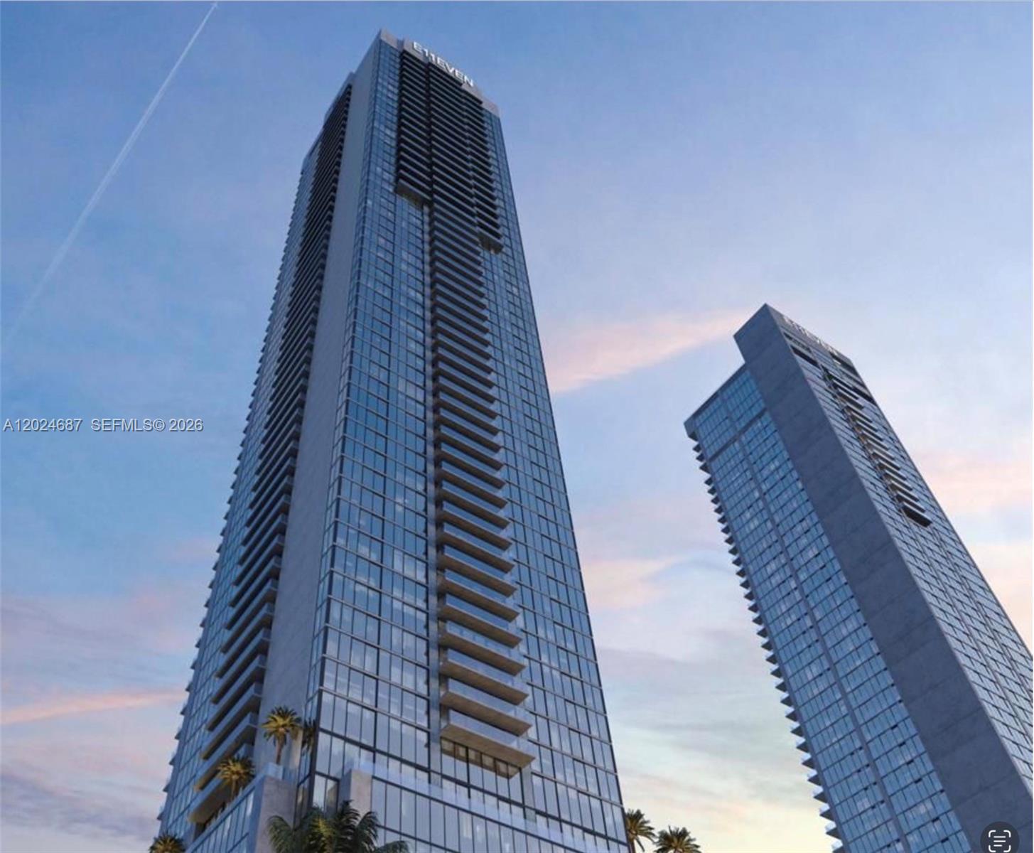 A rendering of two modern glass skyscrapers with balconies against a clear sky — 20 NE 11TH St # 3701, Miami FL 33132, MIAMI, FL