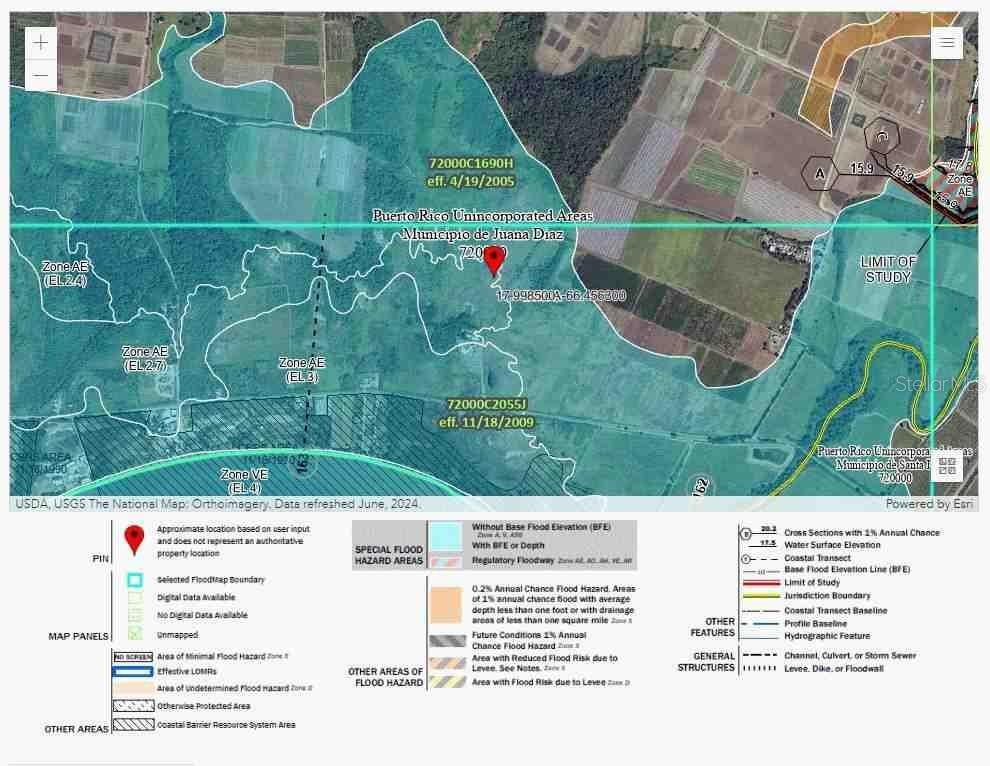 This is a FEMA flood hazard map showing the location of a property in Juana Diaz — SR-1, KM. 109.9 RÍO CAÑAS ABAJO, JUANA DIAZ, PR