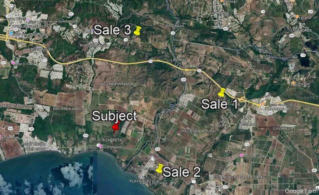 This map shows the location of a subject property relative to three nearby real estate sales — SR-1, KM. 109.9 RÍO CAÑAS ABAJO, JUANA DIAZ, PR