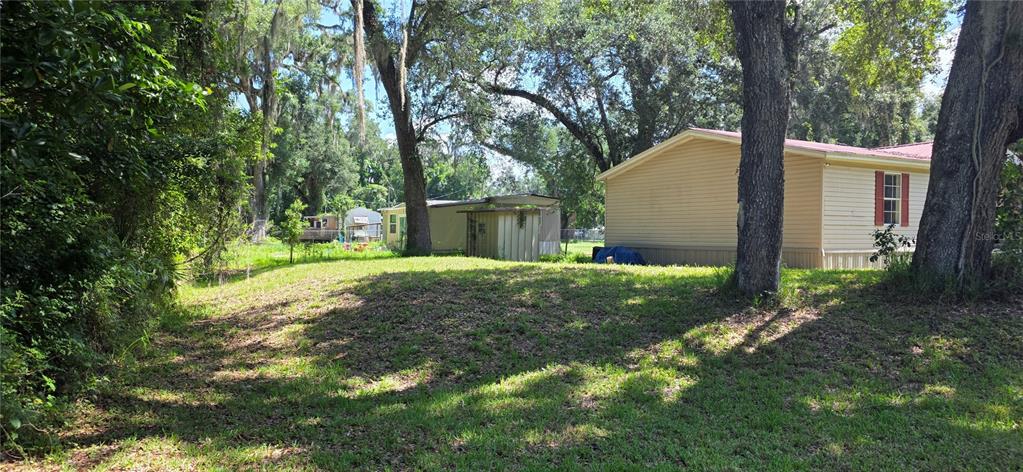 A grassy yard with large trees leads to a tan mobile home and small shed — 11736 CR 675W, WEBSTER, FL
