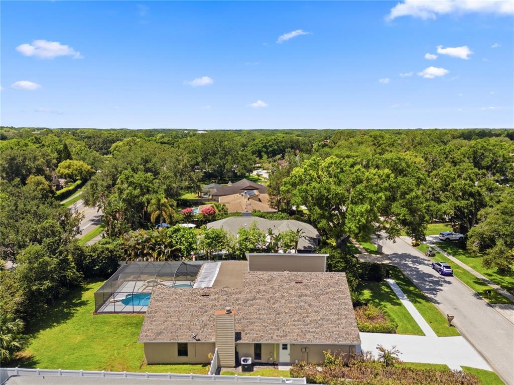 An aerial view shows a house with a screened-in pool and a shingled roof — 14207 ASHBURN PLACE, TAMPA, FL