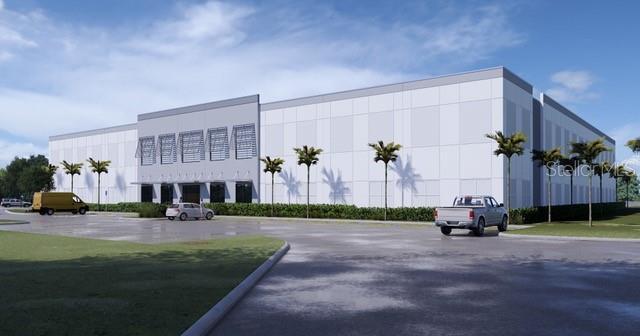 This is a digital rendering of a modern, multi-story commercial warehouse building with palm trees — 26034 CR-448A, MOUNT DORA, FL