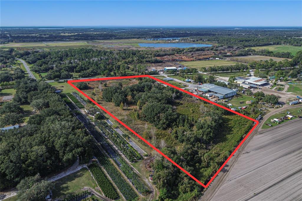 An aerial view shows a rectangular plot of land outlined in red near rural buildings — 26034 CR-448A, MOUNT DORA, FL
