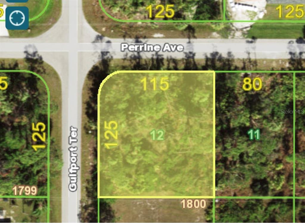 This is a map showing a highlighted rectangular land parcel at a street intersection — 12401 PERRINE AVENUE, PORT CHARLOTTE, FL