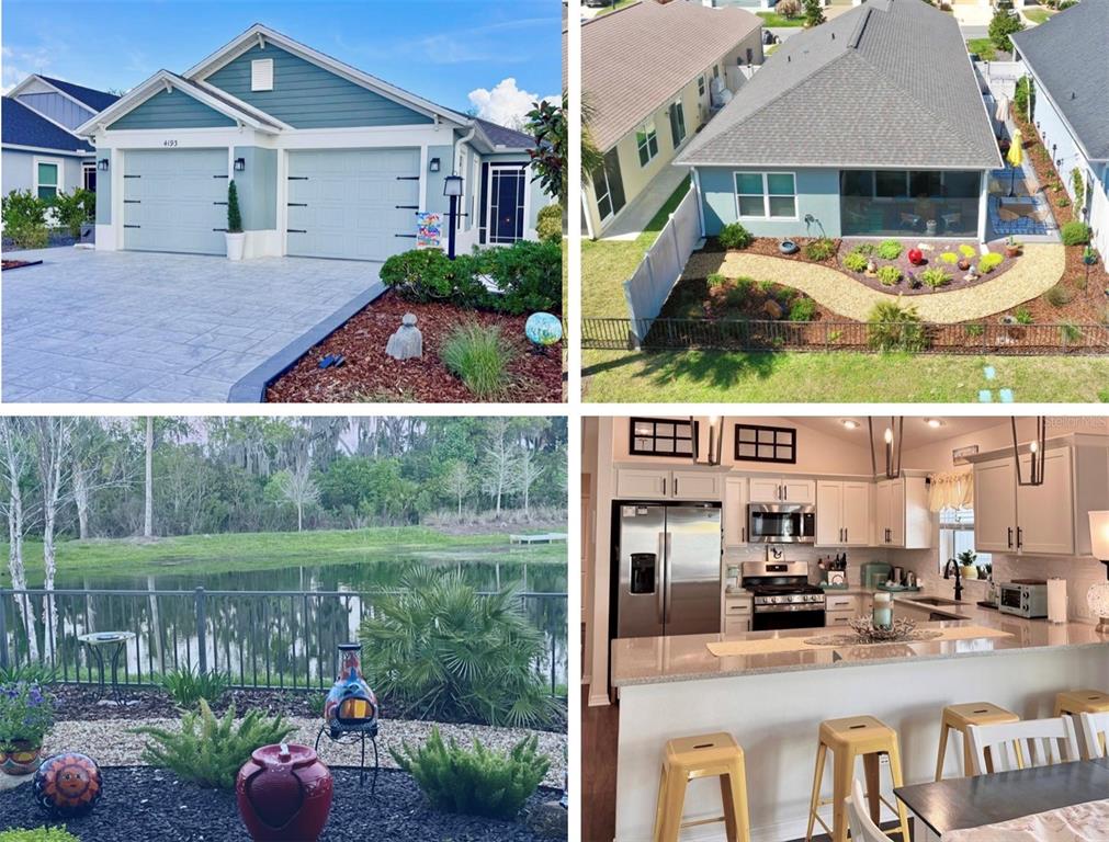 A collage showing a house exterior, backyard, pond view, and a kitchen with island seating — 4193 SILVANA WAY, THE VILLAGES, FL