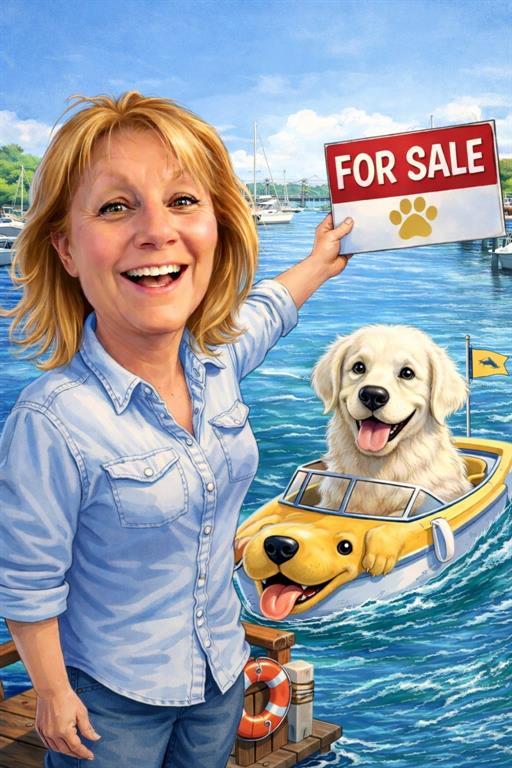 A woman holds a for sale sign near a boat shaped like a dog — 2600 HARBOURSIDE DRIVE UNIT O-07, LONGBOAT KEY, FL