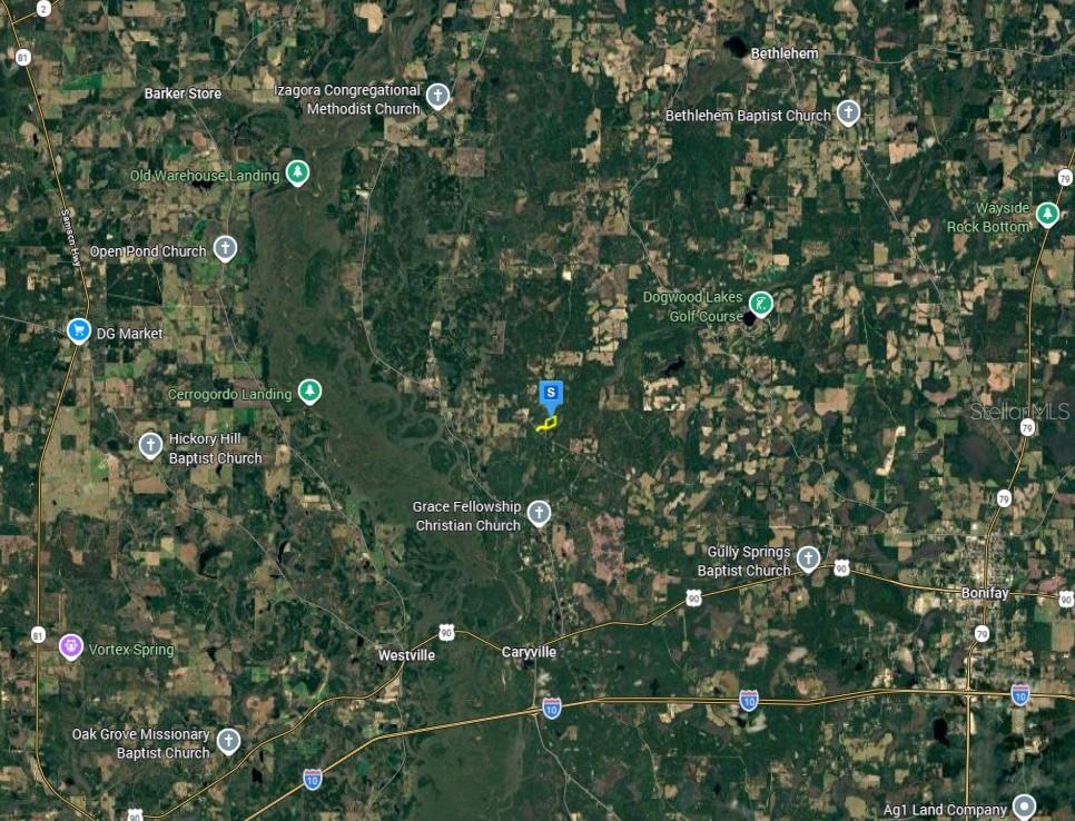 This is a satellite map showing rural land, roads, and landmarks in Florida — 2357 BONIFAY GRITNEY ROAD, BONIFAY, FL