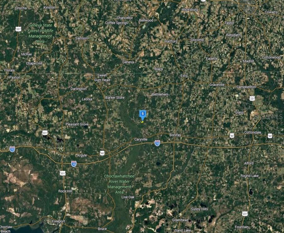 This is a satellite map showing the location of a property in a rural area — 2357 BONIFAY GRITNEY ROAD, BONIFAY, FL