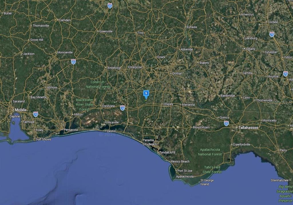 This is a satellite map showing the Florida Panhandle and parts of Alabama and Georgia — 2357 BONIFAY GRITNEY ROAD, BONIFAY, FL