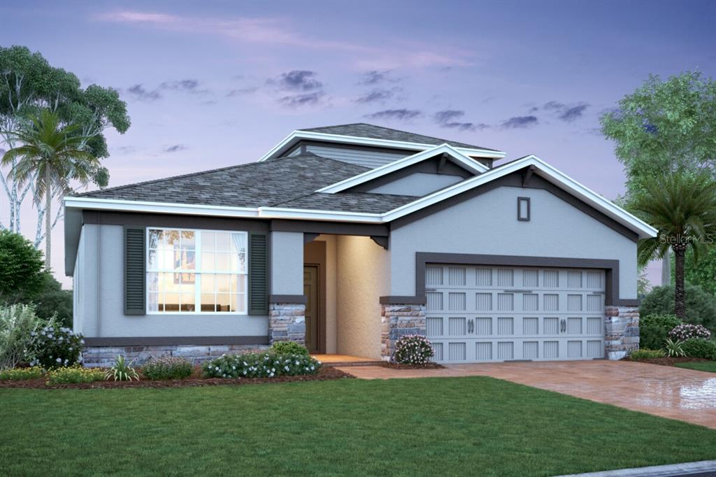 A digital rendering of a single-story suburban house with a two-car garage and stone accents — 1164 BASALT LANE, SANFORD, FL