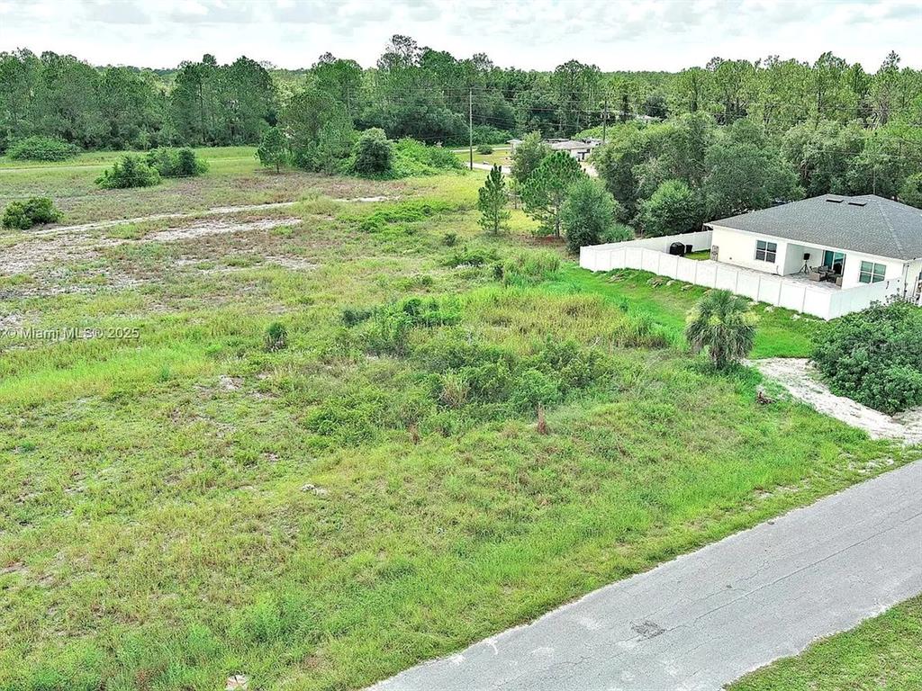 An aerial view shows a vacant grassy lot next to a house with a white fence — 1205 ROOSEVELT AVENUE, LEHIGH ACRES, FL