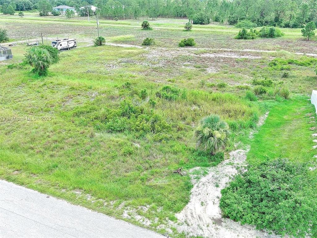 An elevated view of a vacant, grassy lot with scattered shrubs and a parked camper — 1205 ROOSEVELT AVENUE, LEHIGH ACRES, FL