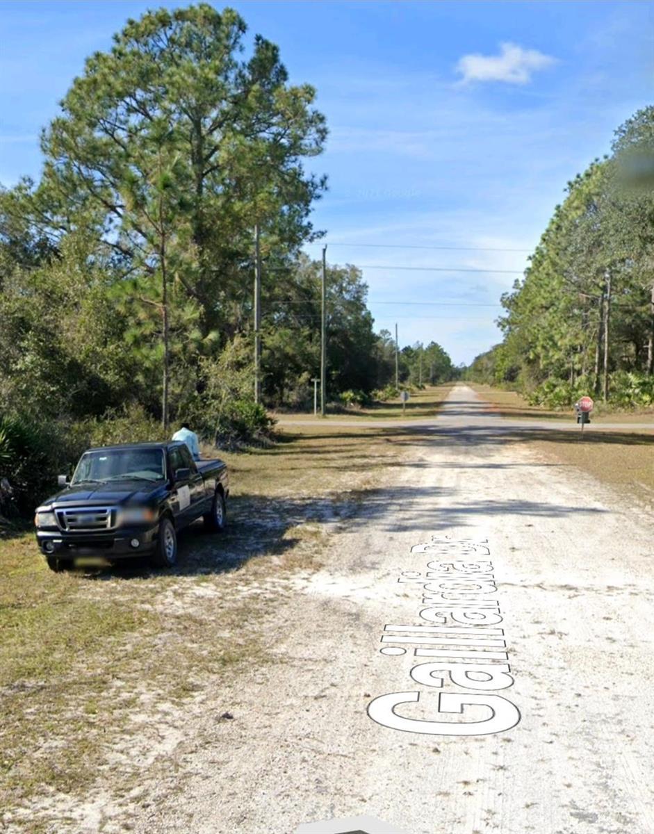 A black pickup truck is parked on a dirt road near a stop sign — 920 Gaillardia Drive, FL 33855, FL