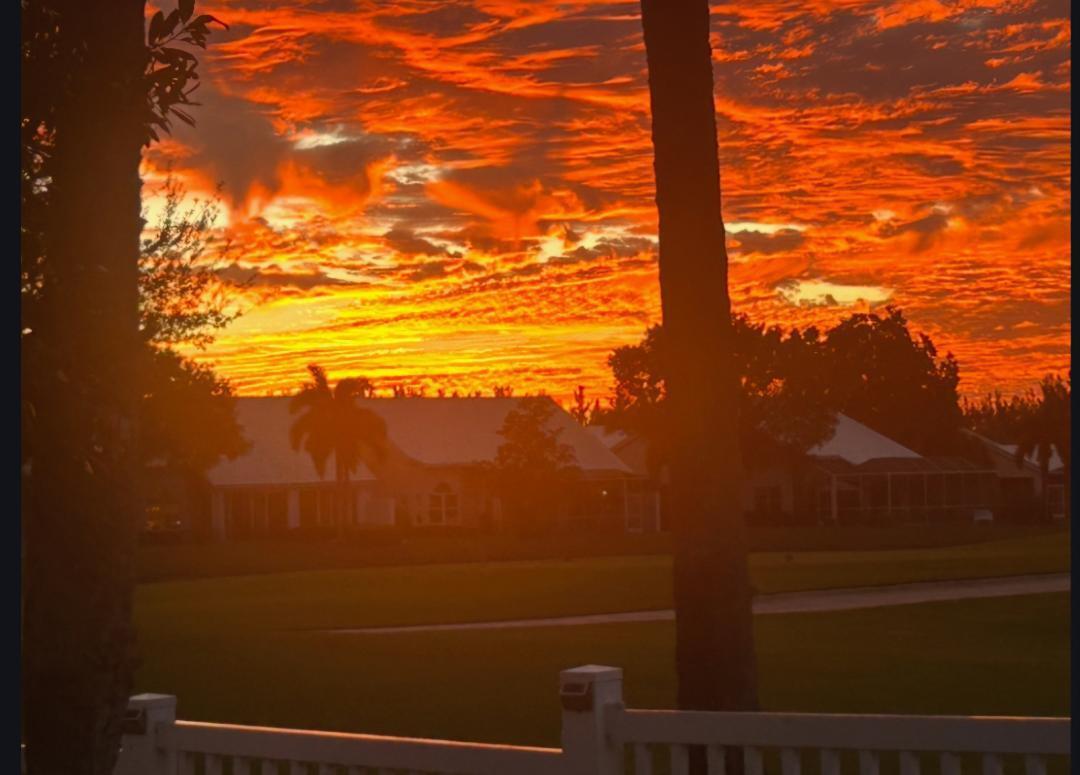 A vibrant orange sunset glows behind palm trees, a white fence, and residential houses — 8099 Cassia Drive, Boynton Beach FL 33472, BOYNTON BEACH, FL