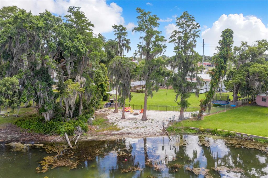 An aerial view of a grassy backyard with a sandy beach area and large trees — 775 S BUENA VISTA DRIVE, LAKE ALFRED, FL