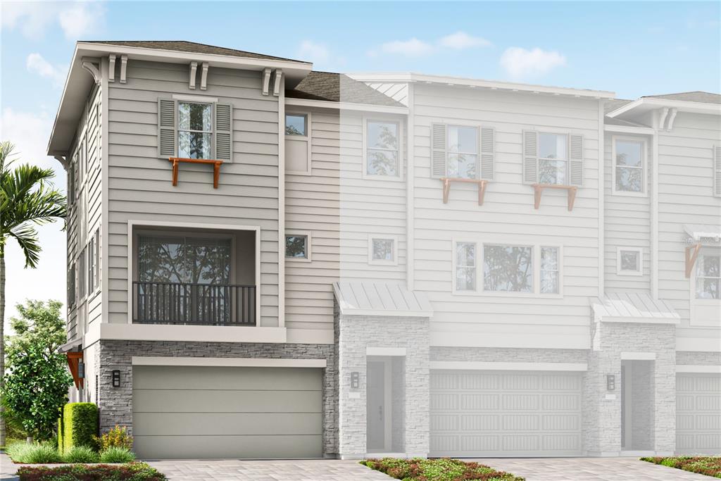 This is a digital rendering of a modern three-story townhome with a two-car garage — 3107 TIDEWATCH LOOP, NEW SMYRNA BEACH, FL