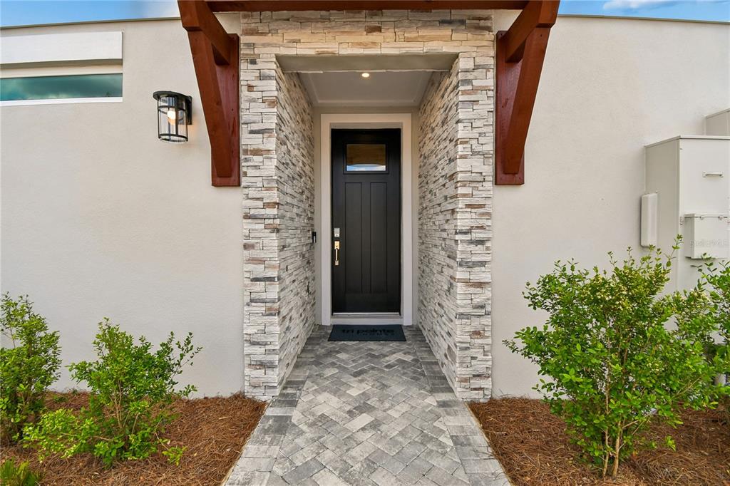 A front entryway features a black door, stone facade, and a herringbone-patterned paver walkway — 3107 TIDEWATCH LOOP, NEW SMYRNA BEACH, FL