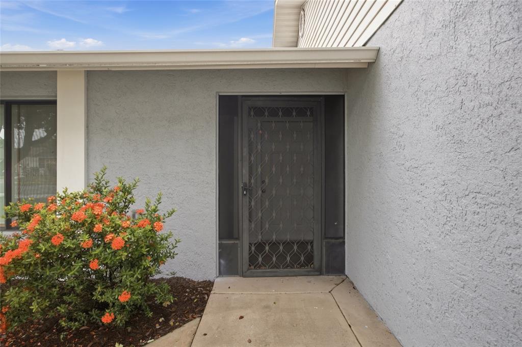 A gray stucco house exterior features a dark metal security door and an orange flowering bush — 7537 HUMBOLDT AVENUE, NEW PORT RICHEY, FL
