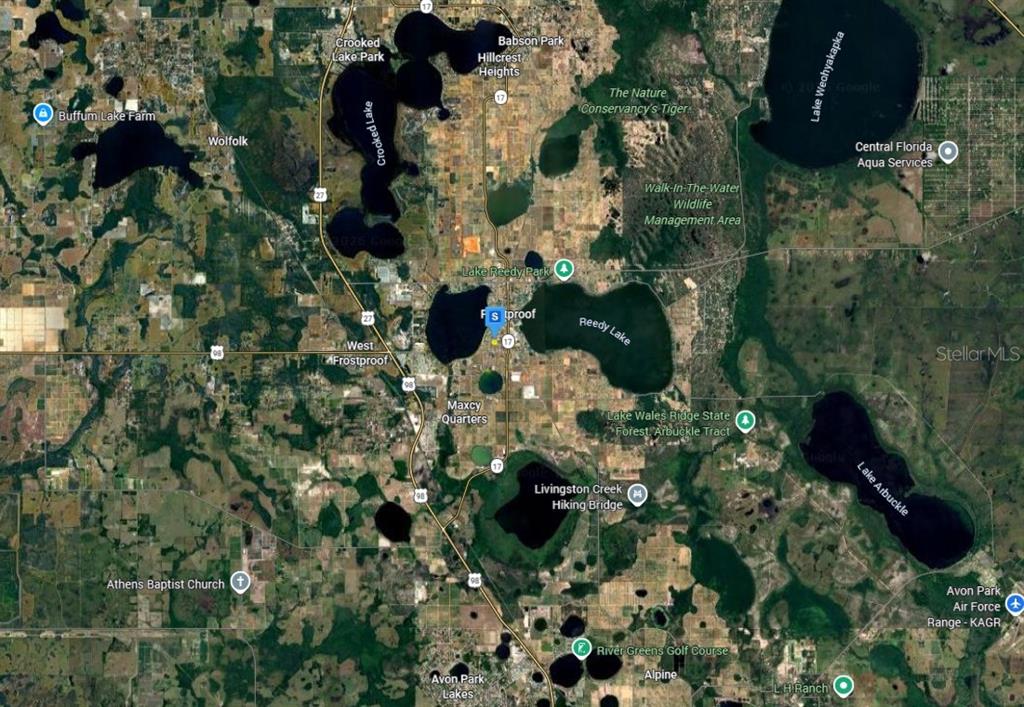 This is a satellite map showing lakes, roads, and forested areas in central Florida — 151 W 7TH STREET, FROSTPROOF, FL