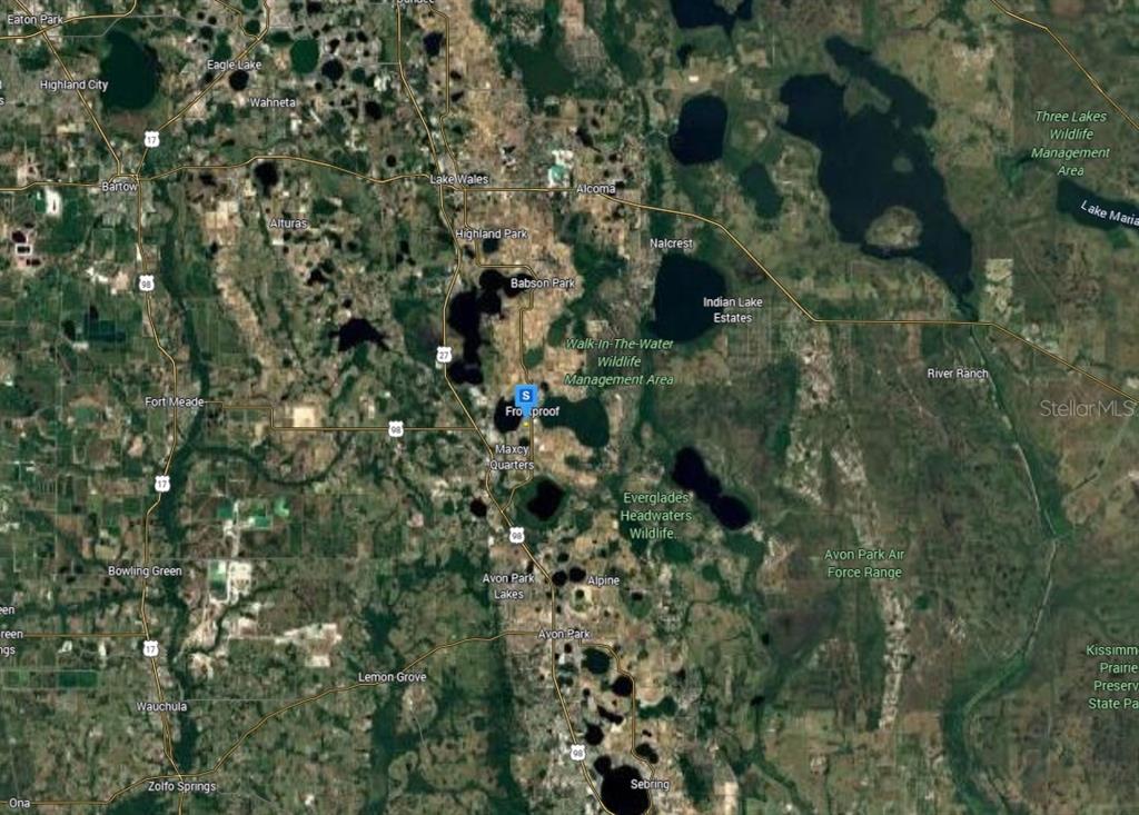 This is a satellite map showing the area around Frostproof, Florida, including surrounding towns and lakes — 151 W 7TH STREET, FROSTPROOF, FL