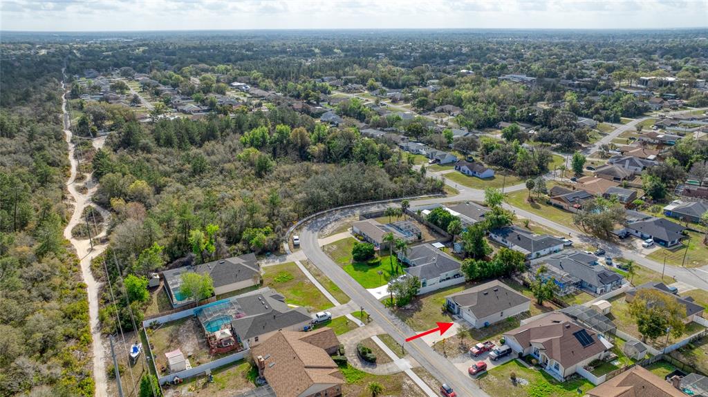 An aerial view shows a suburban neighborhood with a red arrow pointing to a house — 725 N FIRWOOD DRIVE, DELTONA, FL