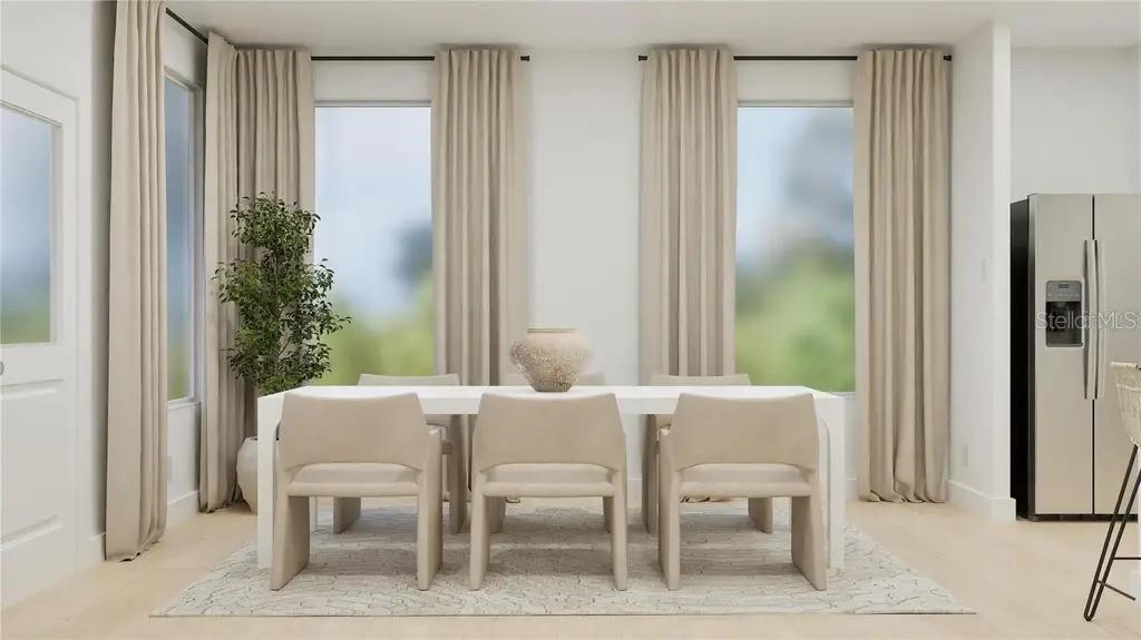 This rendering shows a dining room with a white table, three chairs, and floor-to-ceiling curtains — 5526 GUAVA COURT UNIT A, KISSIMMEE, FL