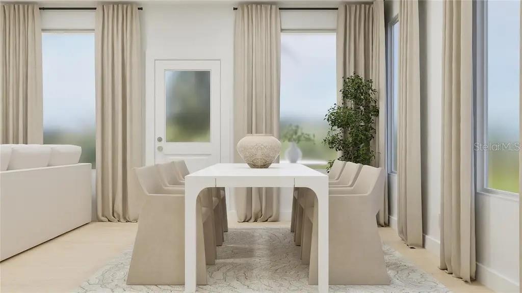 This rendering shows a dining room with a white table, chairs, and floor-to-ceiling curtains — 5526 GUAVA COURT UNIT A, KISSIMMEE, FL
