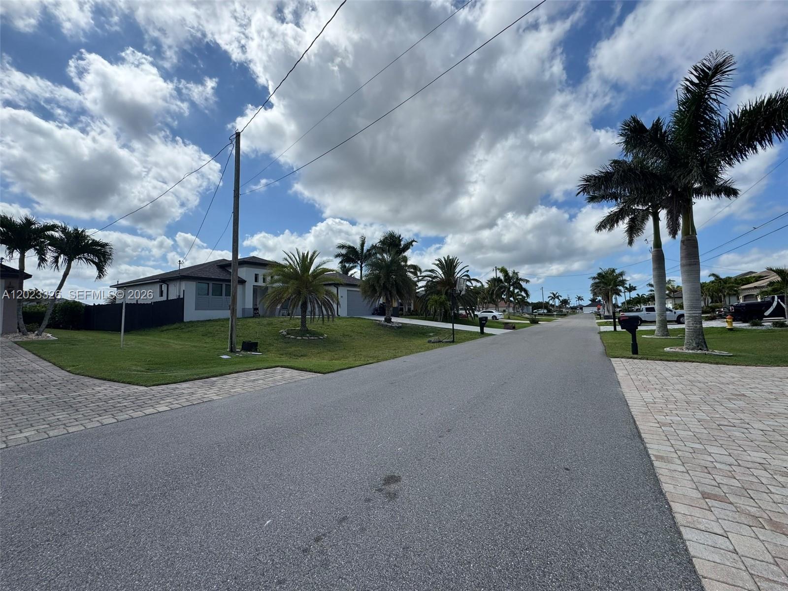 A suburban street features single-family homes, manicured lawns, and several tall palm trees — 113 NW 38th Pl, Cape Coral FL 33993, CAPE CORAL, FL
