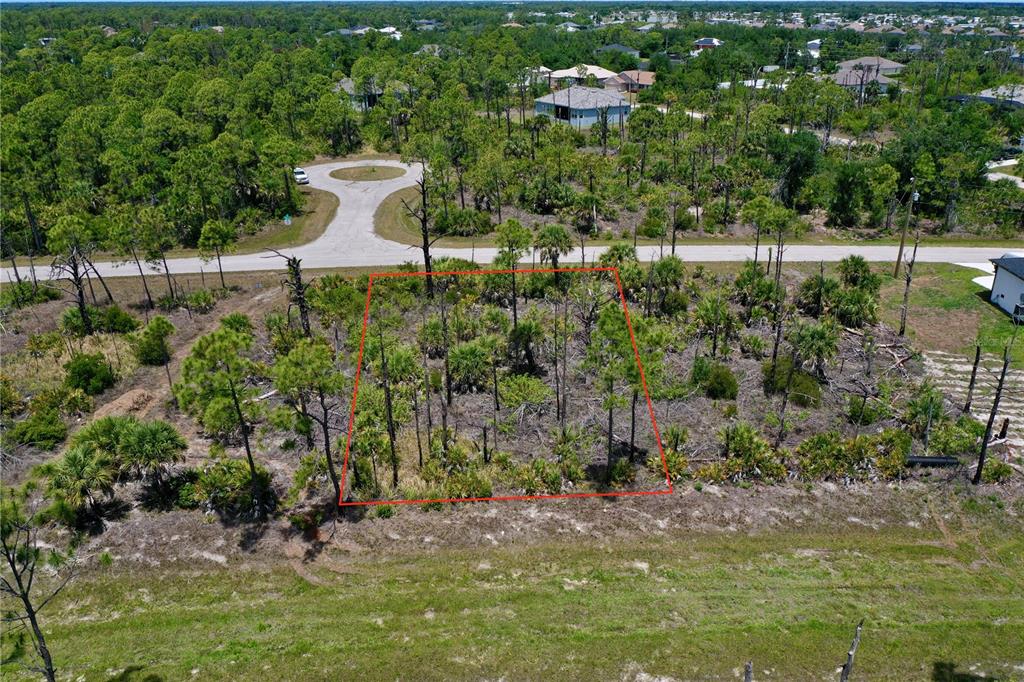 An aerial view shows a rectangular, wooded vacant lot outlined in red near a road — 8228 LEAFY WAY, PORT CHARLOTTE, FL
