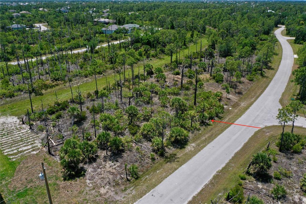 An aerial view shows a vacant, wooded residential lot adjacent to a paved road — 8228 LEAFY WAY, PORT CHARLOTTE, FL