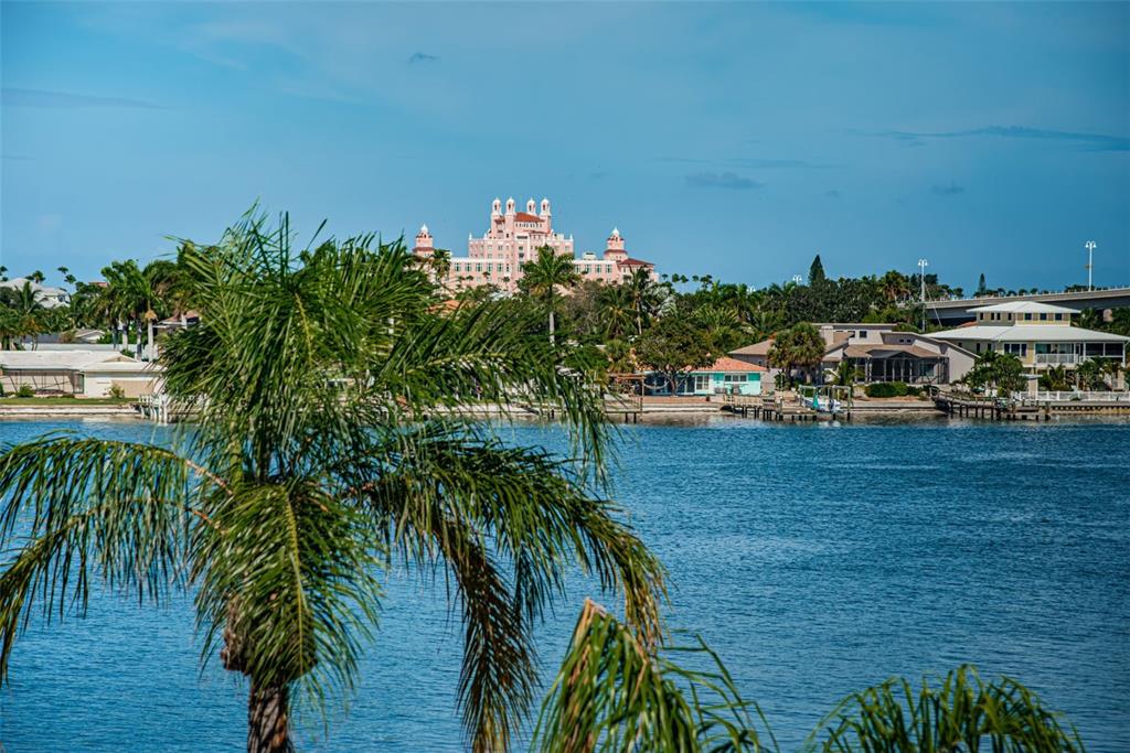 A view of the Don CeSar hotel across the water with palm trees in the foreground — 6081 BAHIA DEL MAR CIRCLE UNIT 456, ST PETERSBURG, FL