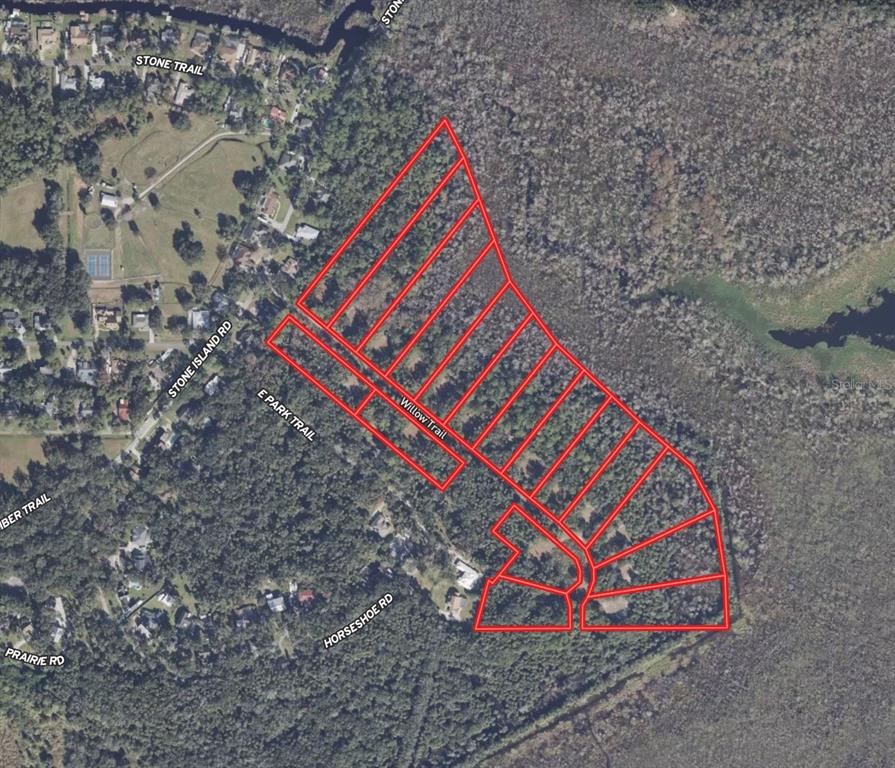 An aerial map shows a residential development with multiple lots outlined in red — 1525 PRAIRIE ROAD, DELTONA, FL