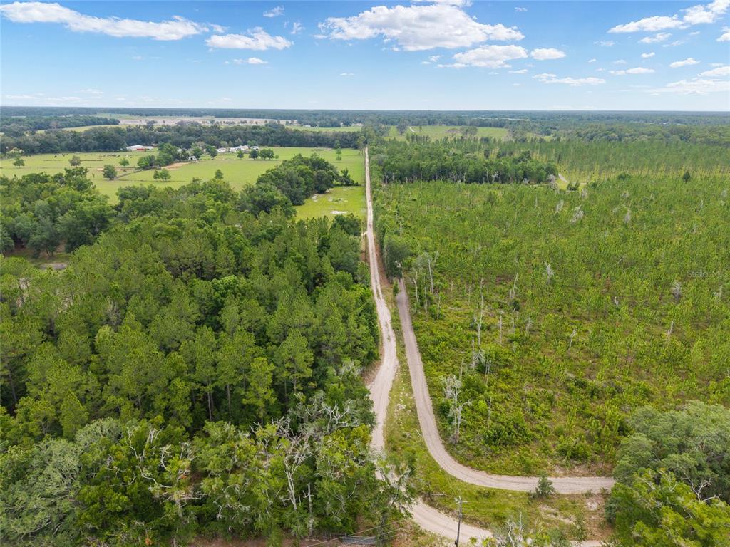 An aerial view shows a dirt road running between a dense forest and open fields — 0 SW 234TH STREET, NEWBERRY, FL