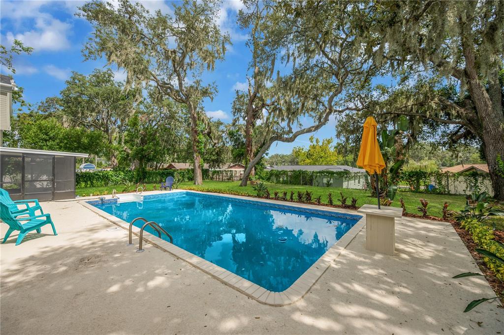 A rectangular swimming pool sits in a backyard surrounded by trees and a patio area — 122 WINDY PLACE, BRANDON, FL