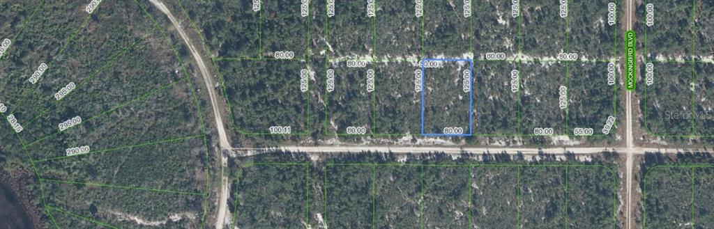 This aerial map shows a rectangular plot of land highlighted in blue among wooded lots — 612 SCAUP AVENUE, SEBRING, FL