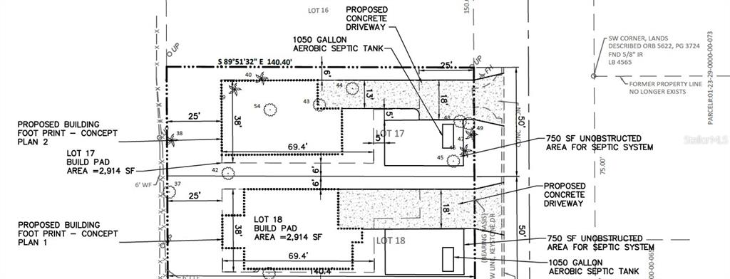 This is a site plan showing the proposed building footprints and septic systems for two lots — 2812 KEYSTONE DRIVE Lot 17 & 18, ORLANDO, FL
